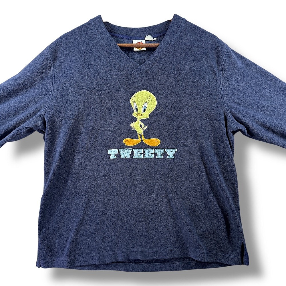 Vintage 90s Looney Tunes Womens Large Faded Tweety Bird Fleece V-Neck Sweater